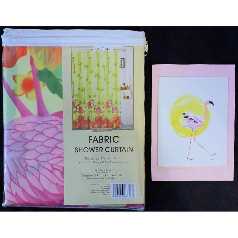 NEW Tropical Flamingo & Hibiscus Fabric Shower Curtain & Flamingo Print to Frame